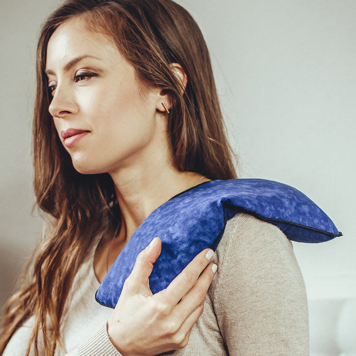 MyCare General Heating Pad blue shown on shoulder